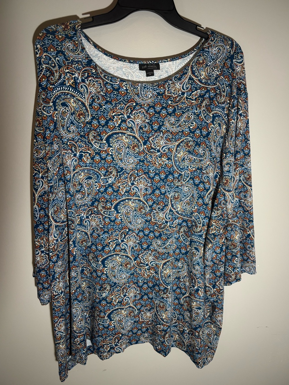 J.Jill Wearever 4X Blue Paisley 3/4 Sleeve Stretch Tunic Top Plus Size